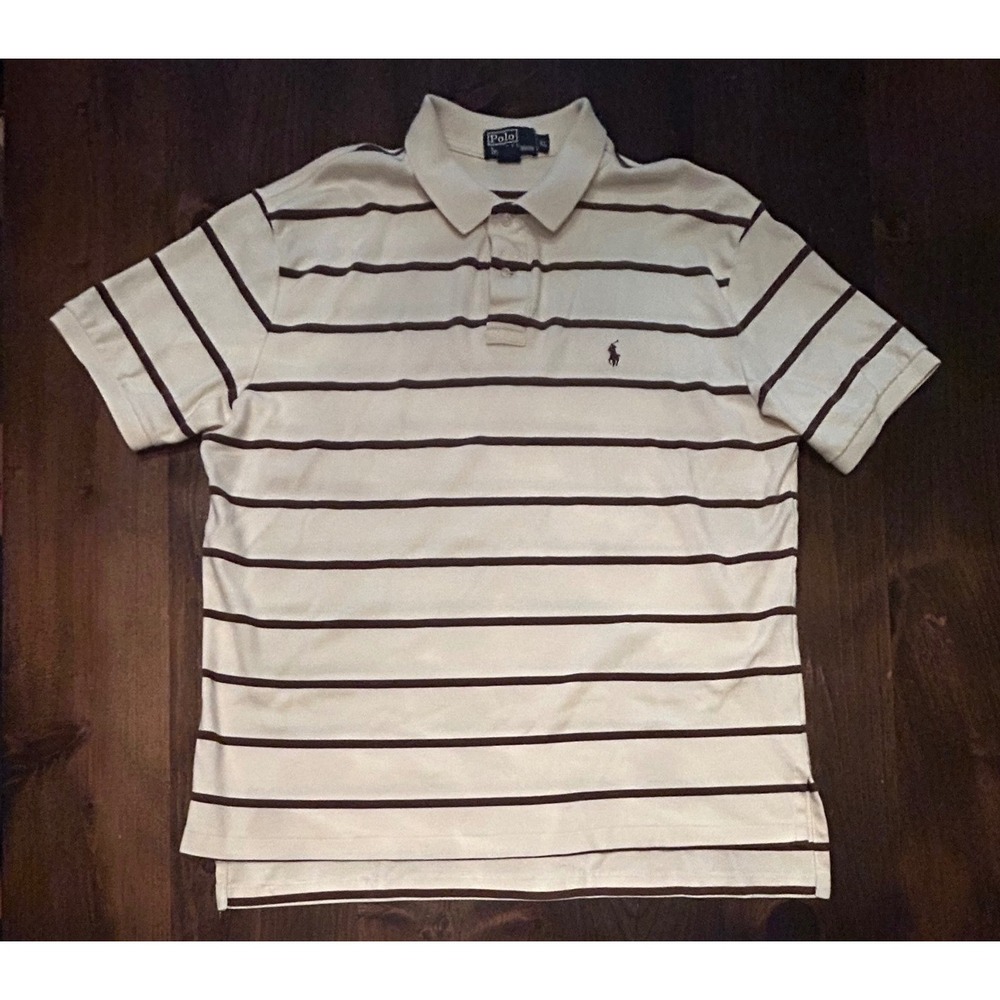 Ralph Lauren Polo Shirt XL Cream Brown Striped Short Sleeve Preppy Casual Soft